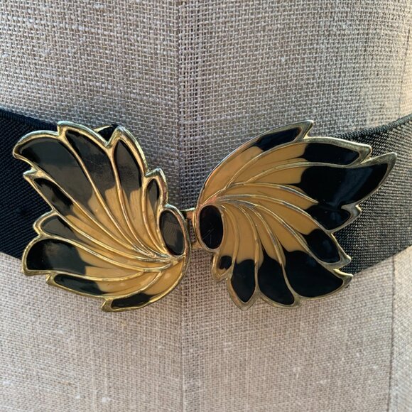 Vintage 80s Black Elastic Statement Buckle Cinch Waist Retro Belt - Picture 2 of 11